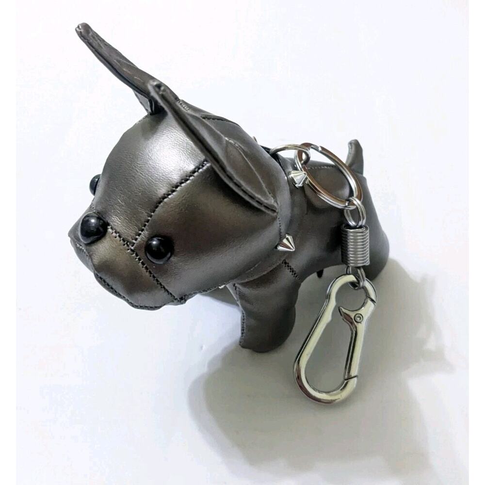 Gray Dog Bulldog Faux Leather Plush 3D Keychain Keyring Handbag Bag Purse Charm